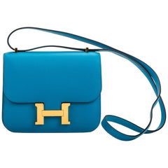 New in Box Hermes Mini Constance Blue Zanzibar Gold