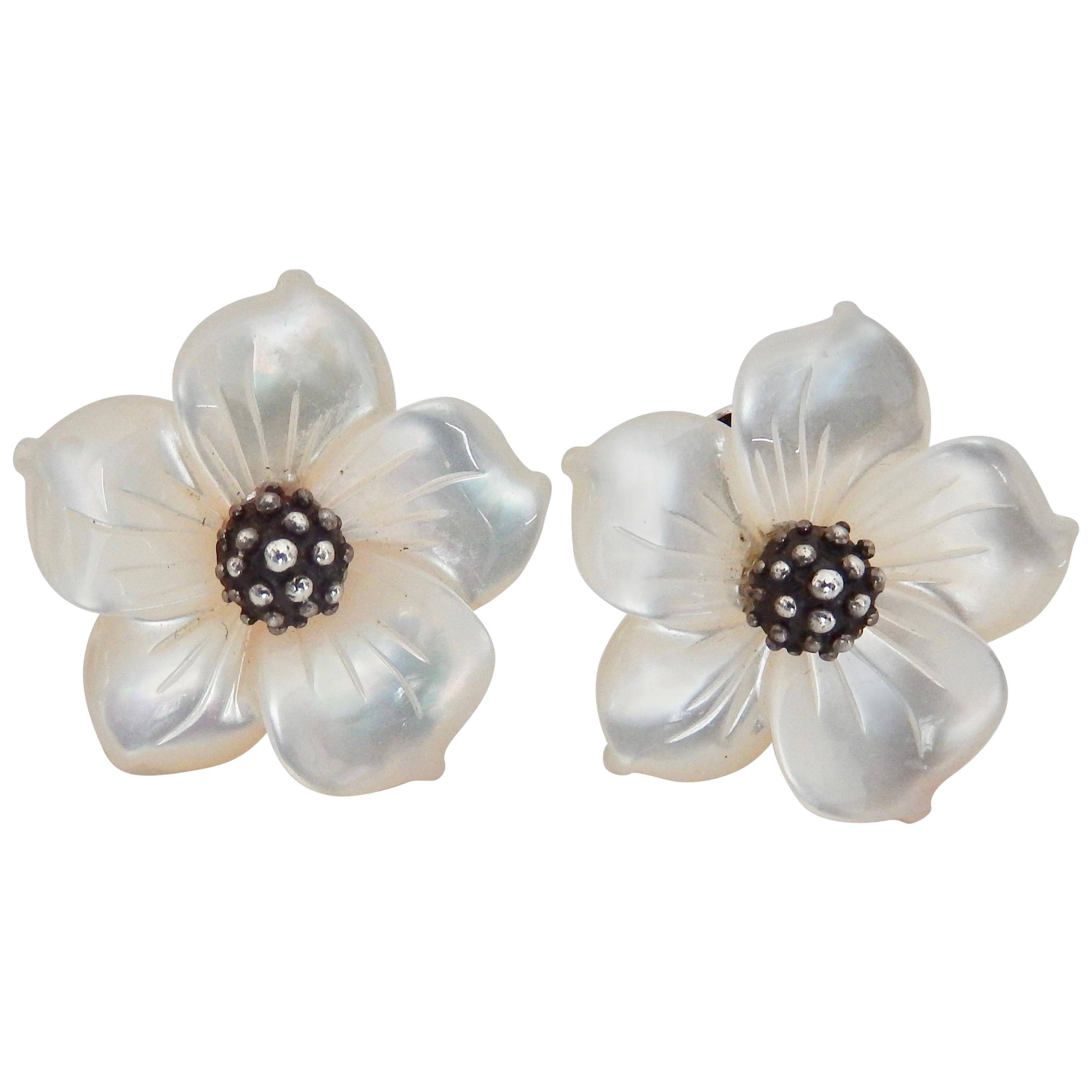 Stephen Dweck Sterling and Mother-of-Pearl Flower Earrings, 1980s 