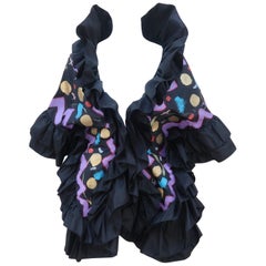 Vintage Colorful Hand Painted Black Taffeta Wrap Jacket With Ruffles