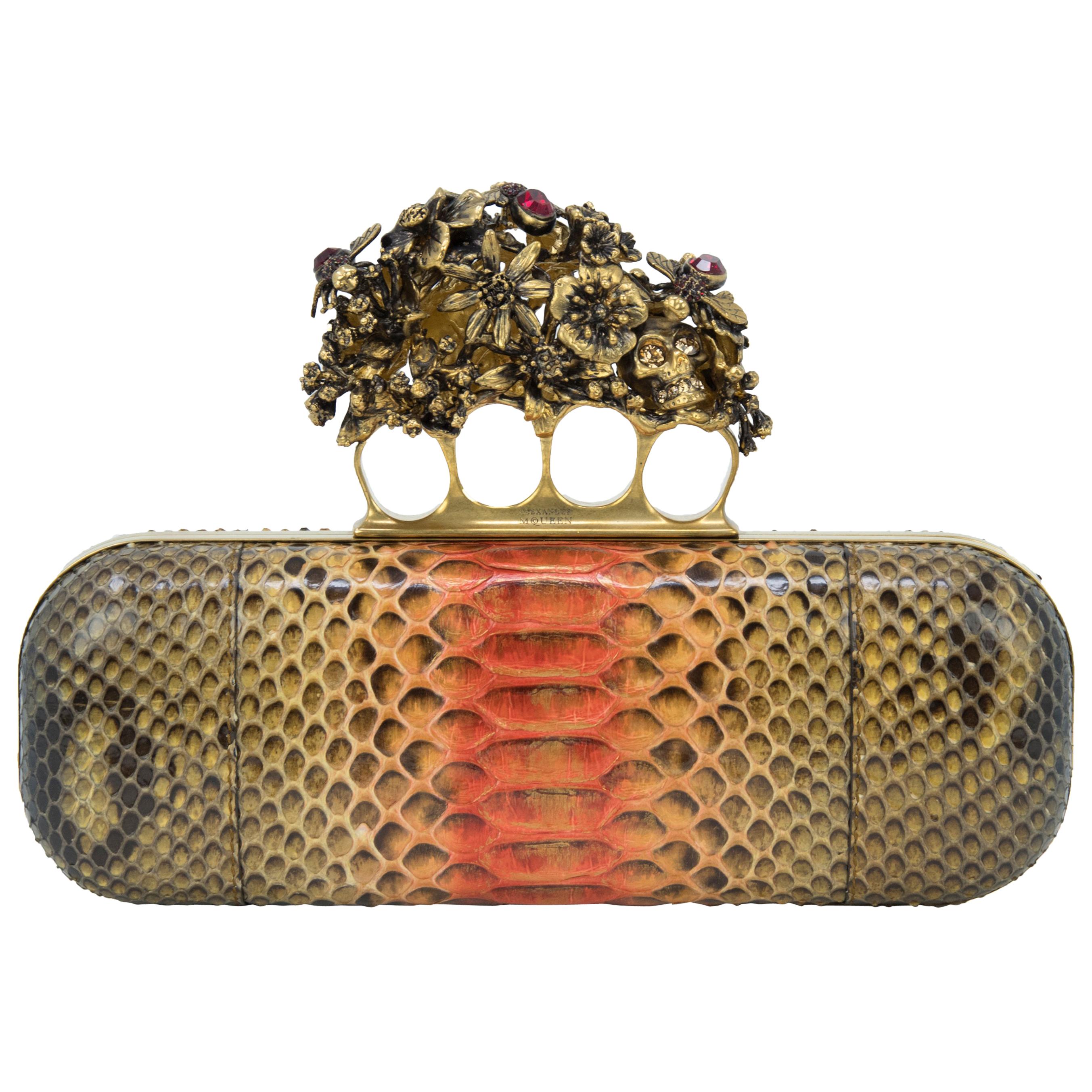 Alexander McQueen Snakeskin Clutch with Floral Ring Embellishments