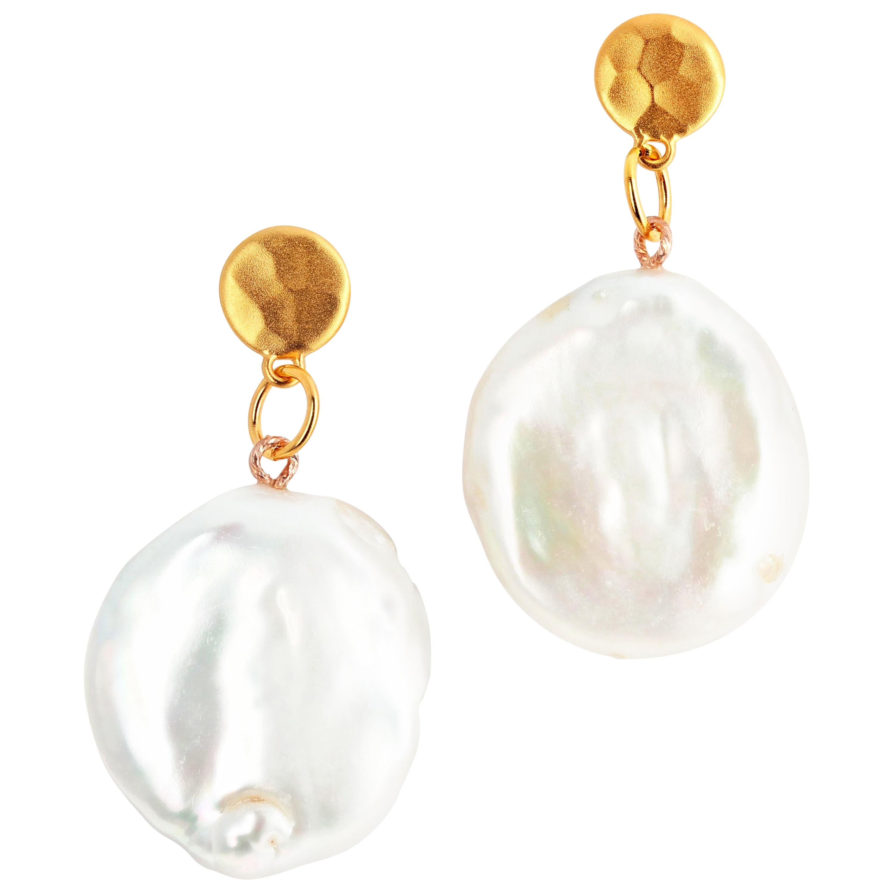 AJD Elegant Natural Ocean Cultured 22mm Coin Pearl Gold Plated Earrings