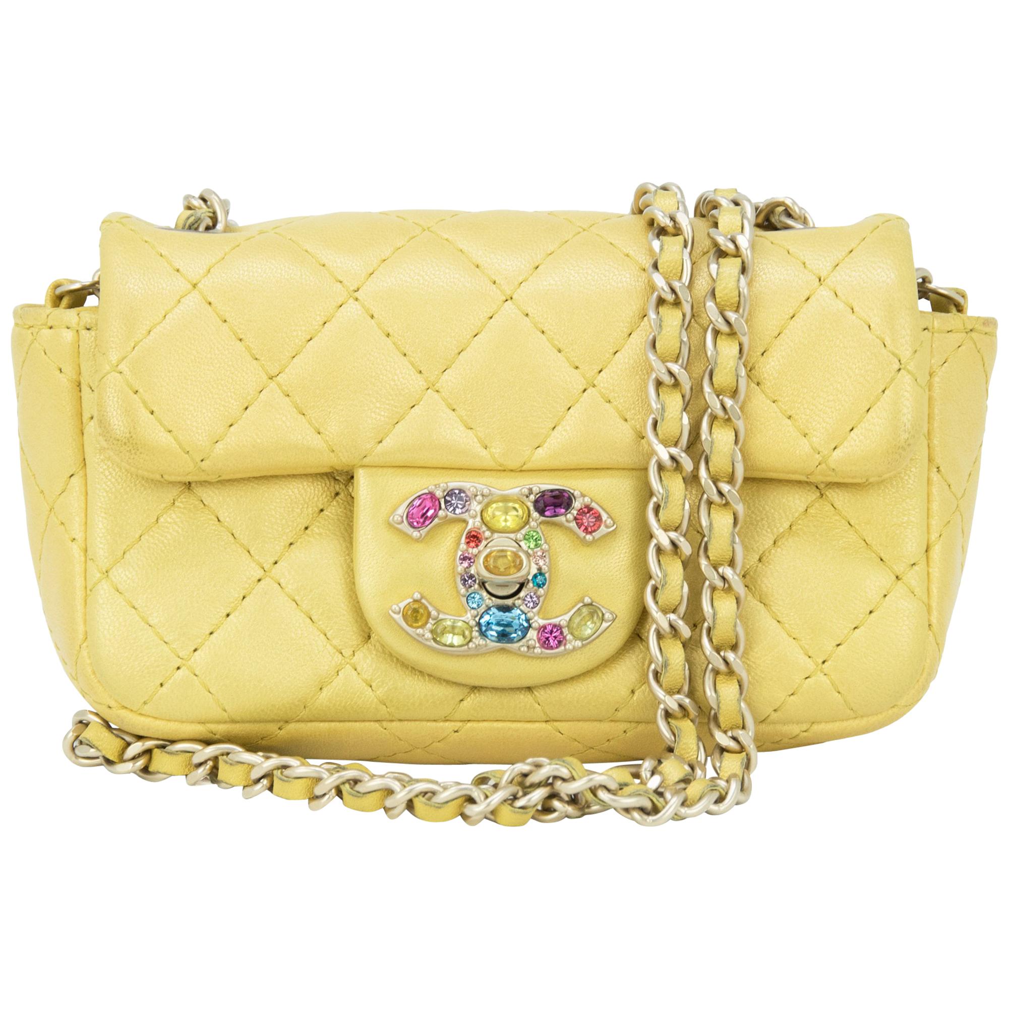 Chanel Mini Yellow Double Flap Bag with Rhinestone Hardware