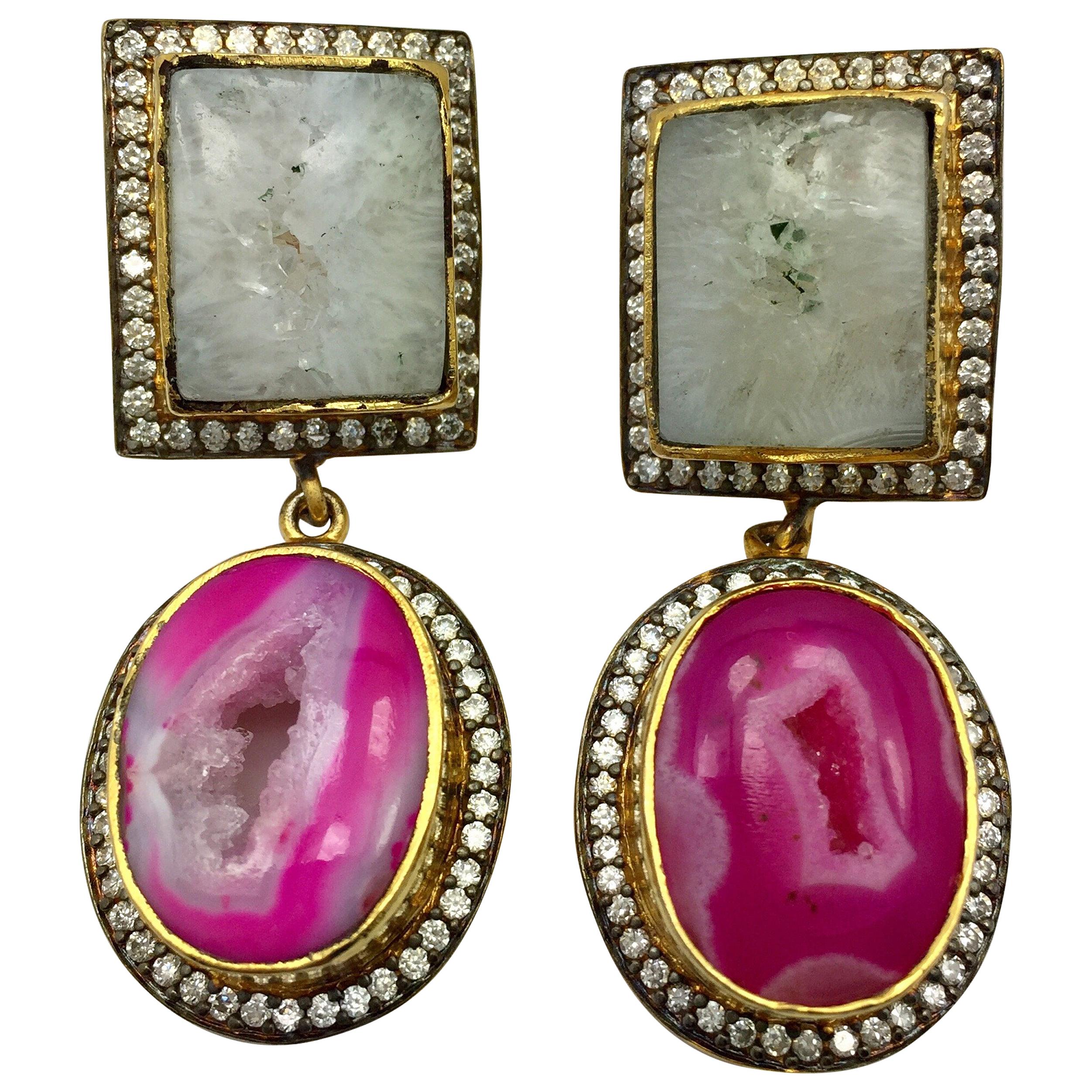 Geode Druzy Pink White Earrings.  As featured in Oprah Magazine! For Sale