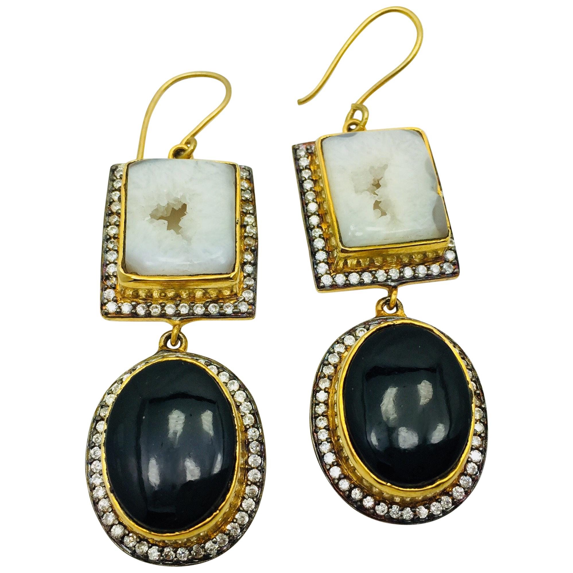 Geode Druzy Black White Drop Earrings . As featured in Oprah Magazine! For Sale