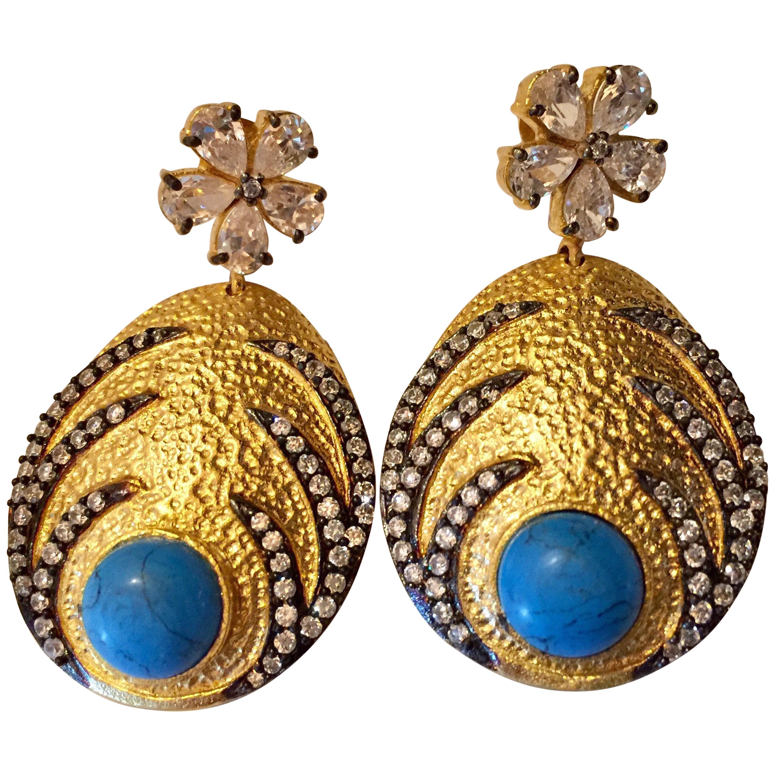 Turquoise Crystal Hand brushed Gold Earrings