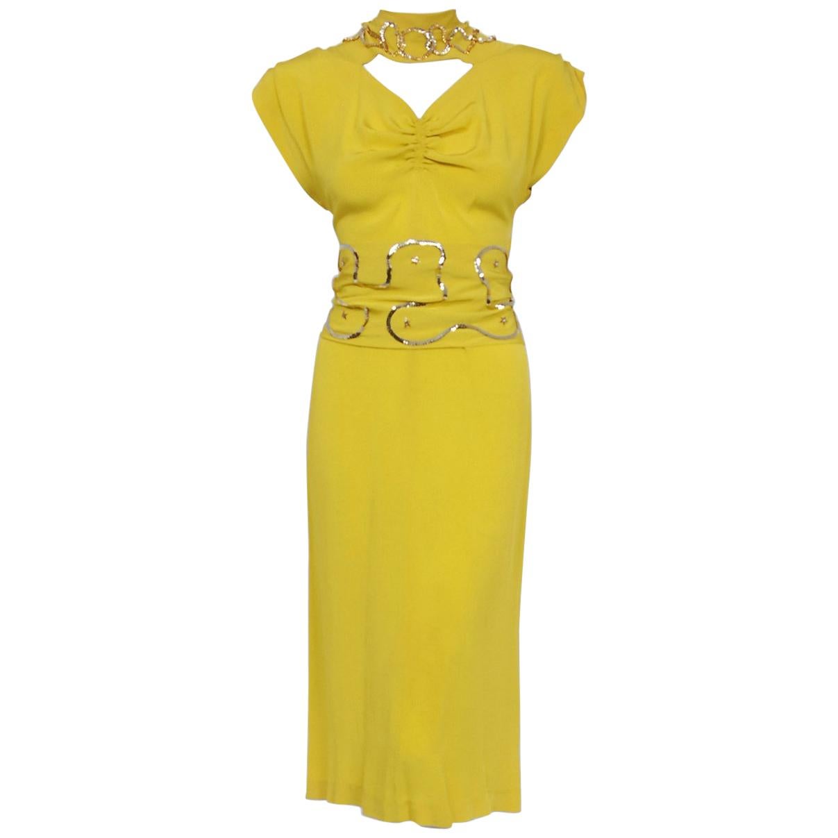 1940's Lilli Diamond Chartreuse Yellow Silk Sequin Star Cut-Out Cocktail Dress 