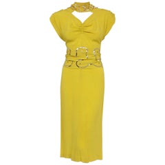 1940's Lilli Diamond Chartreuse Yellow Silk Sequin Star Cut-Out Cocktail Dress