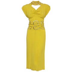 Vintage 1940's Lilli Diamond Chartreuse Yellow Silk Sequin Star Cut-Out Cocktail Dress 