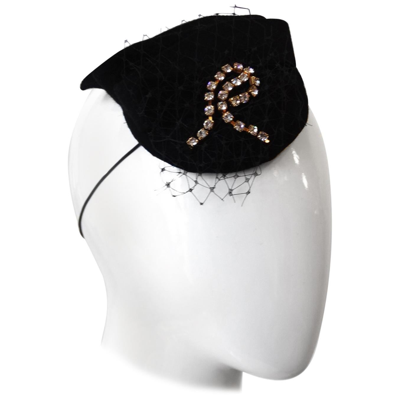 1980s Selima By V Netted Rhinestone "R" Fascinator  For Sale