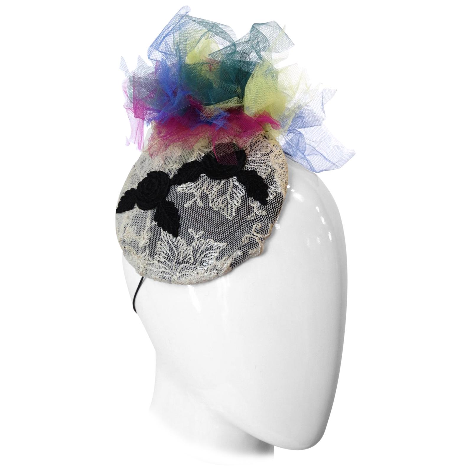 1980s Selima By V Lace Multicolored Madonna Tulle Fascinator 