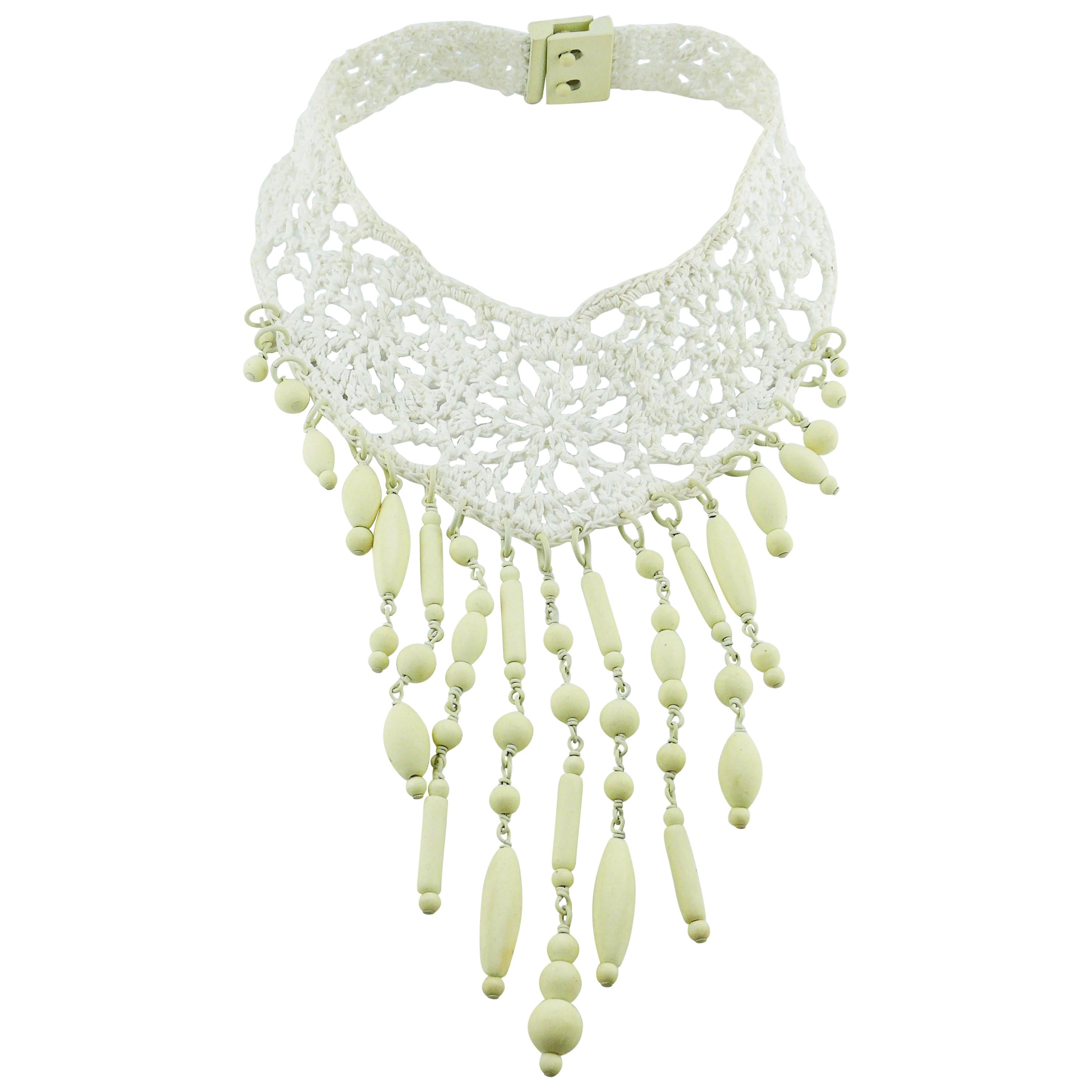 Jean Paul Gaultier White Crochet Knit Beaded Choker Necklace