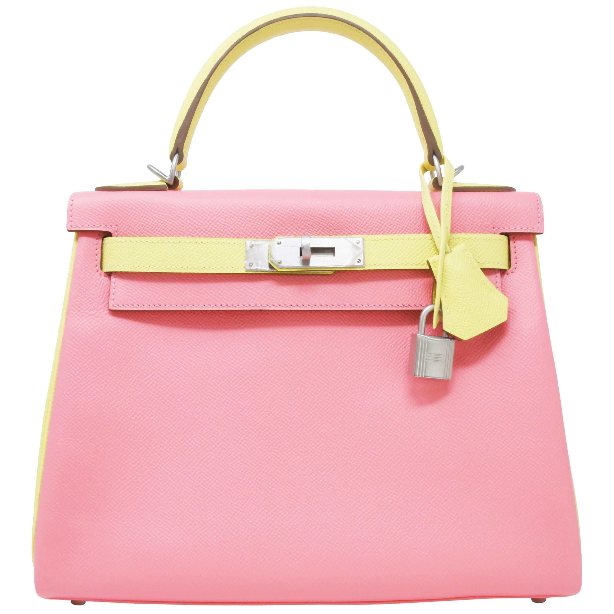  Hermes Kelly Bi-Color Jaune Poussin and Rose Confetti PHW For Sale