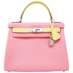  Hermes Kelly Bi-Color Jaune Poussin and Rose Confetti PHW