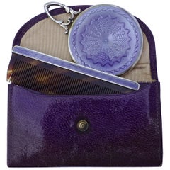 Antique 1920s Art Deco Silver and Lilac Guilloché Comb and Mirror with Leather Case