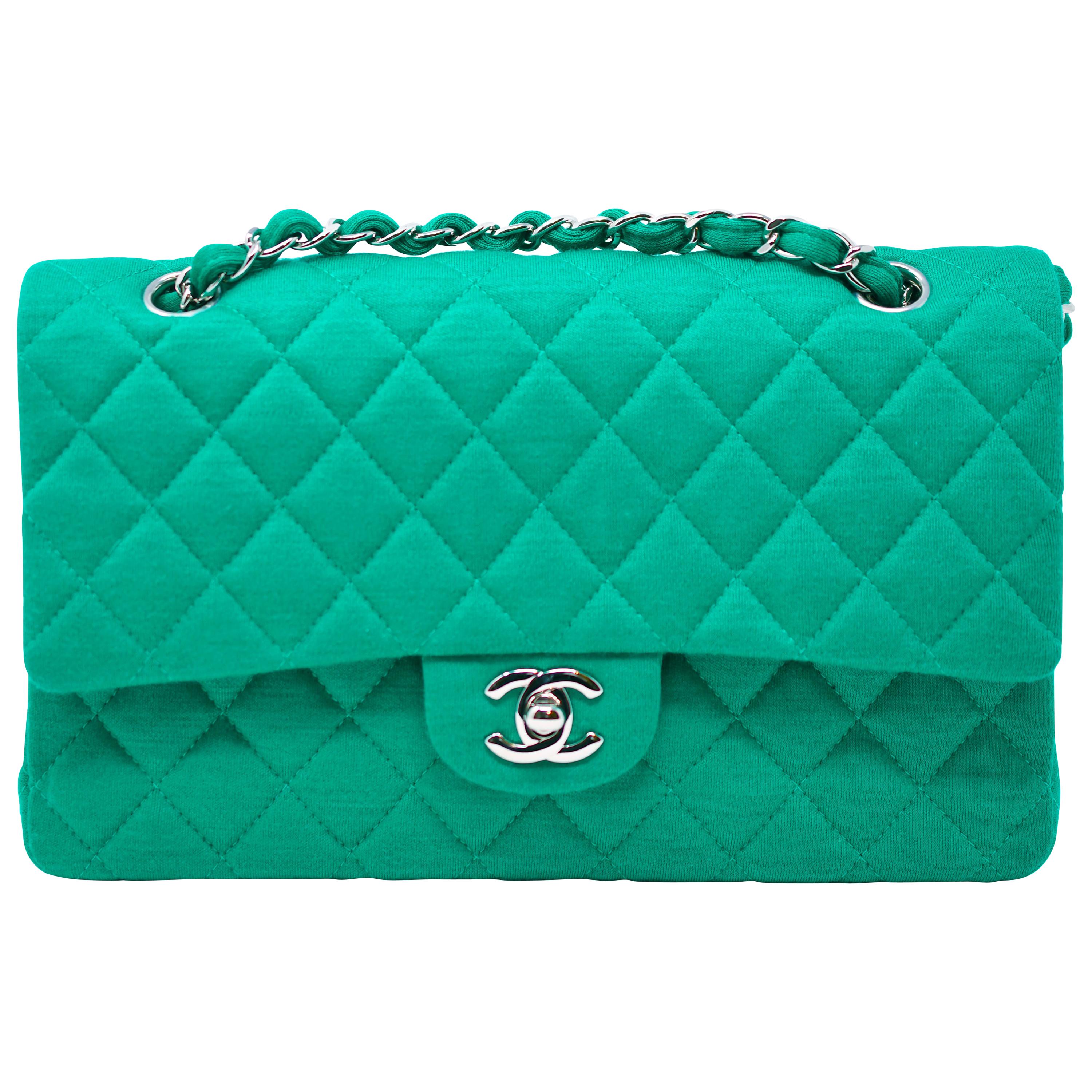 Chanel Emerald Green Jersey Knit Classic Double Flap Bag For Sale