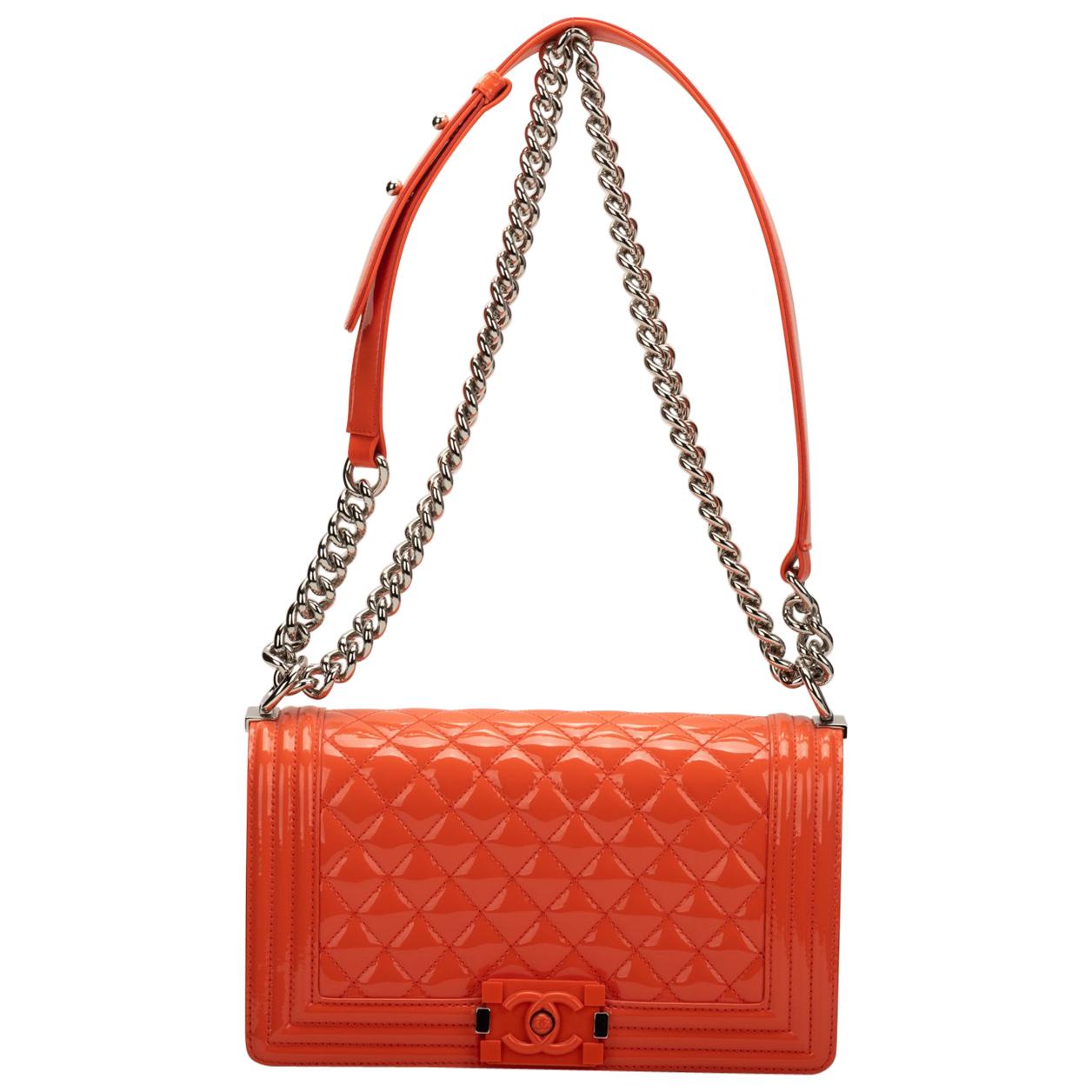 Chanel Orange Patent Leather Medium Boy Bag 