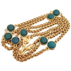 Vintage Chanel green gripoix stones and  tube chain long necklace with CC mark.
