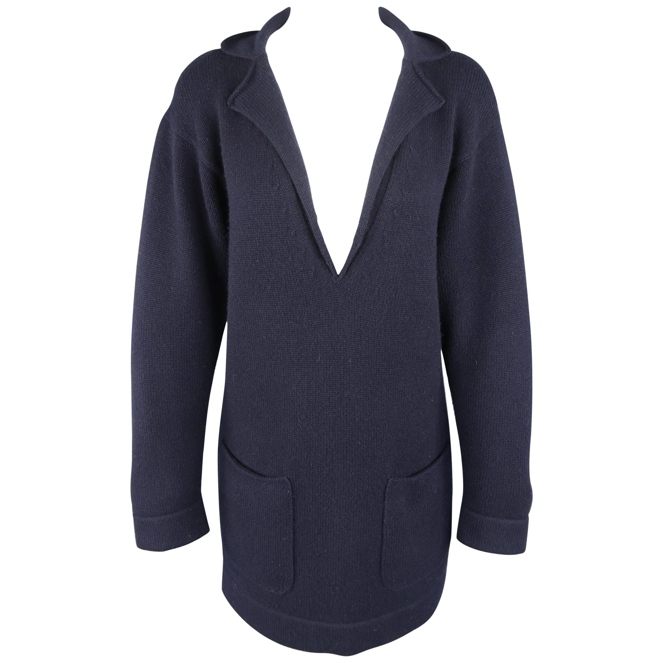 CHANEL Size 4 Navy Cashmere V Neck Lapel Mini Sweater Dress