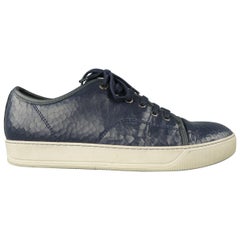 LANVIN Size 8 Navy Crackle Textured Leather Cap Toe Sneakers