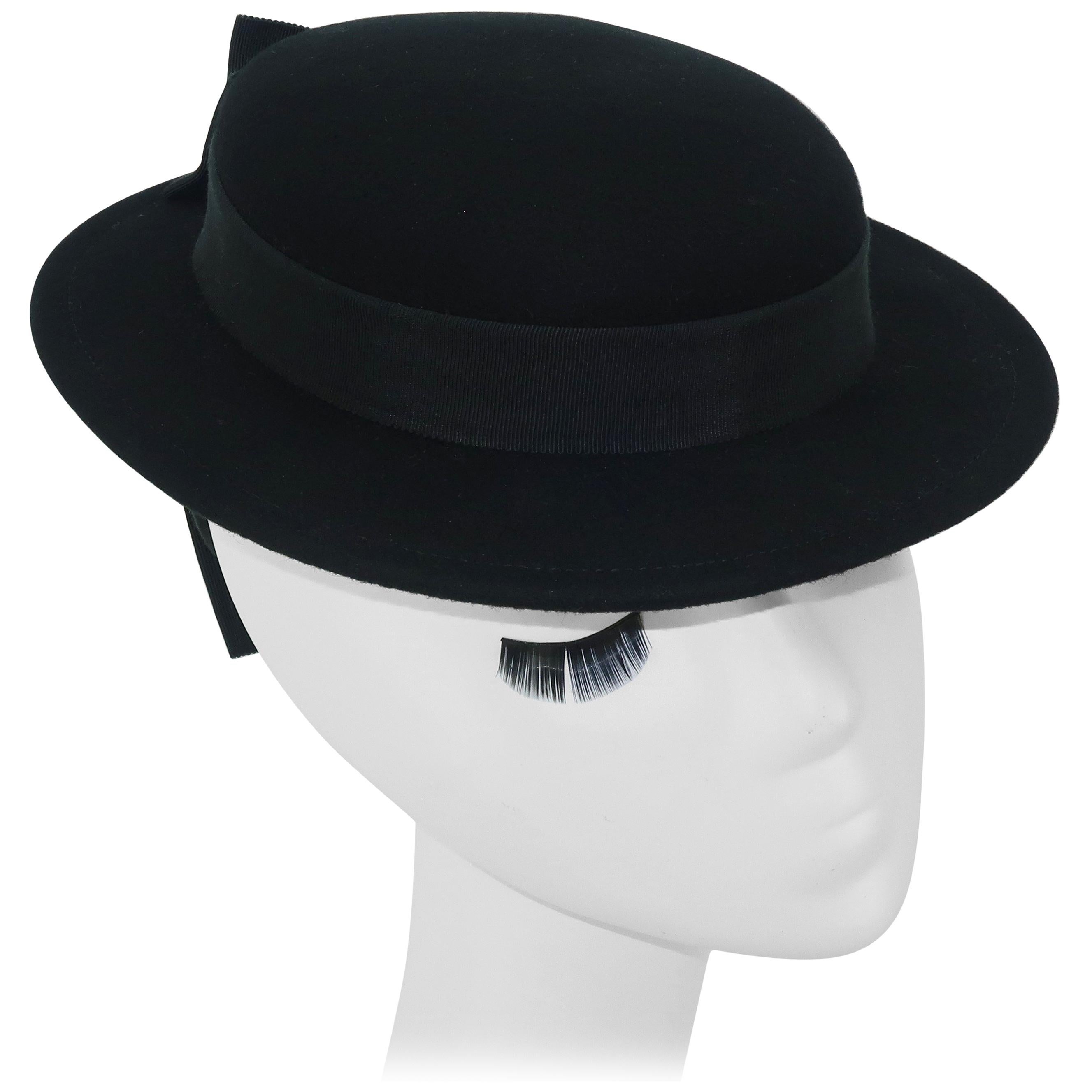 1950's Sonni San Francisco Black Wool Felt 'Tilt' Hat With Back Strap & Bows