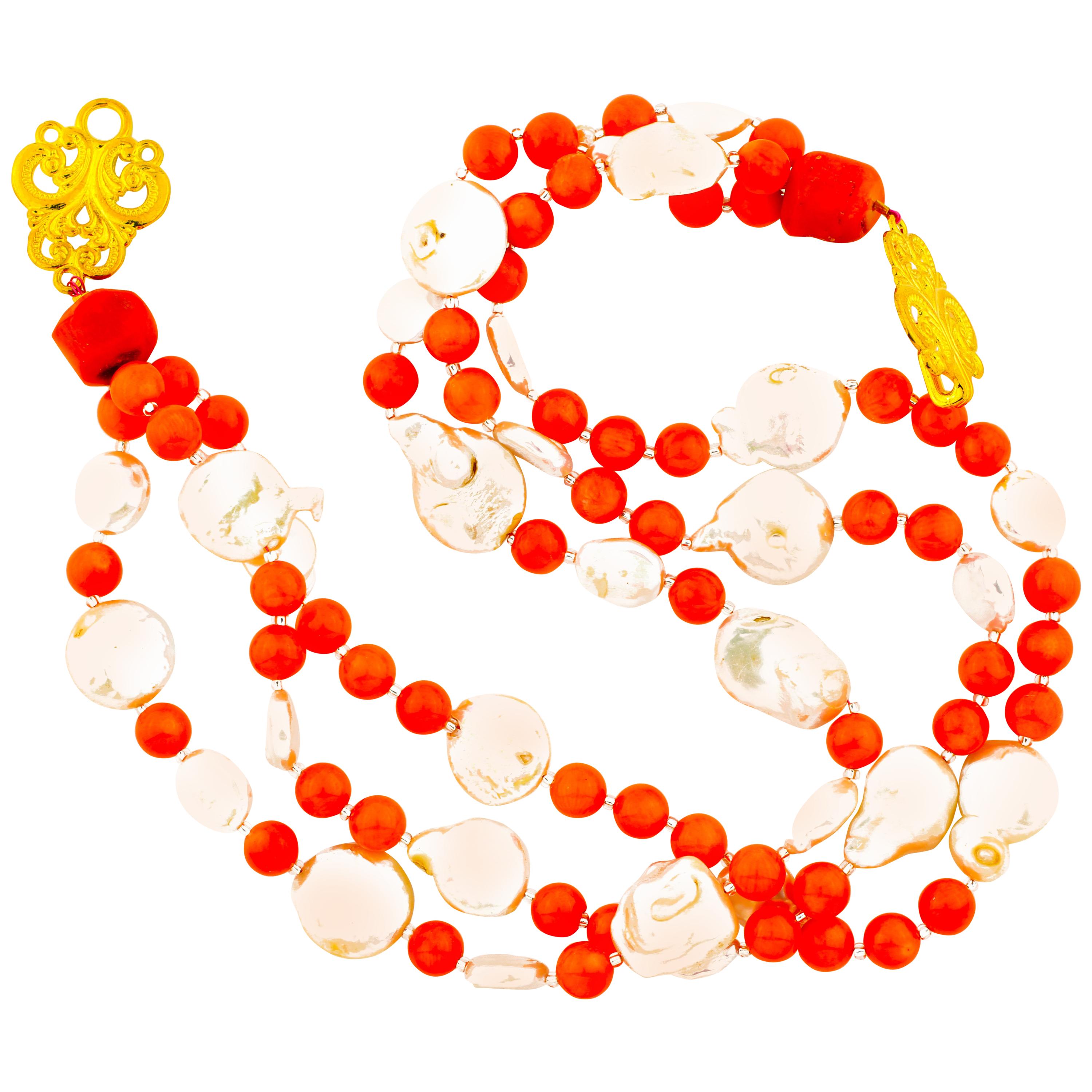 AJD Superbly Dramatic Orange Coral & Coin Pearls Triple Strand 20" Necklace