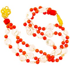 AJD Superbly Dramatic Coral Orange & Coin Pearls Triple Strand 20" Necklace