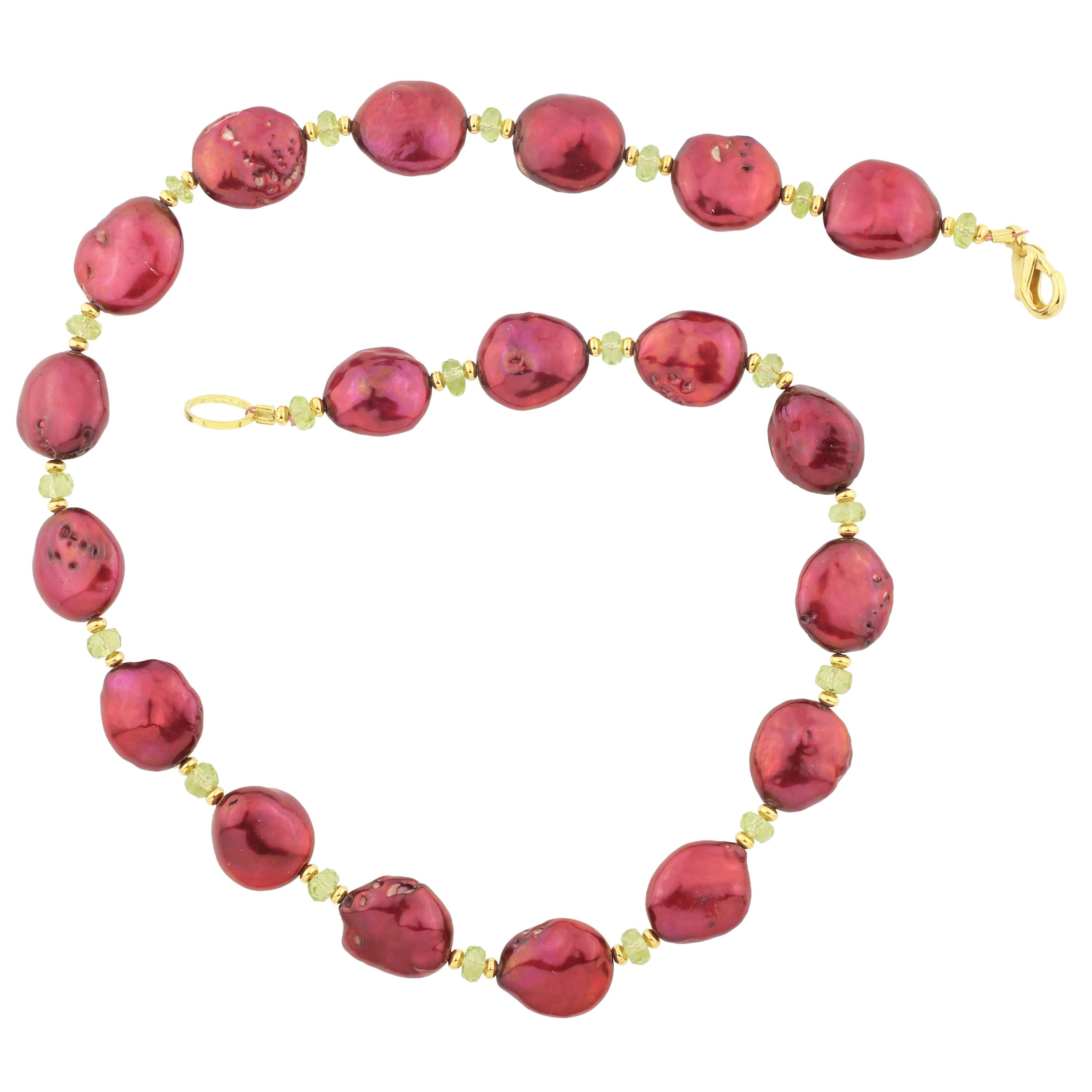 AJD Elegant Fascinating Bright Wine Red Oval Pearls & Real Peridot 18" Necklace For Sale