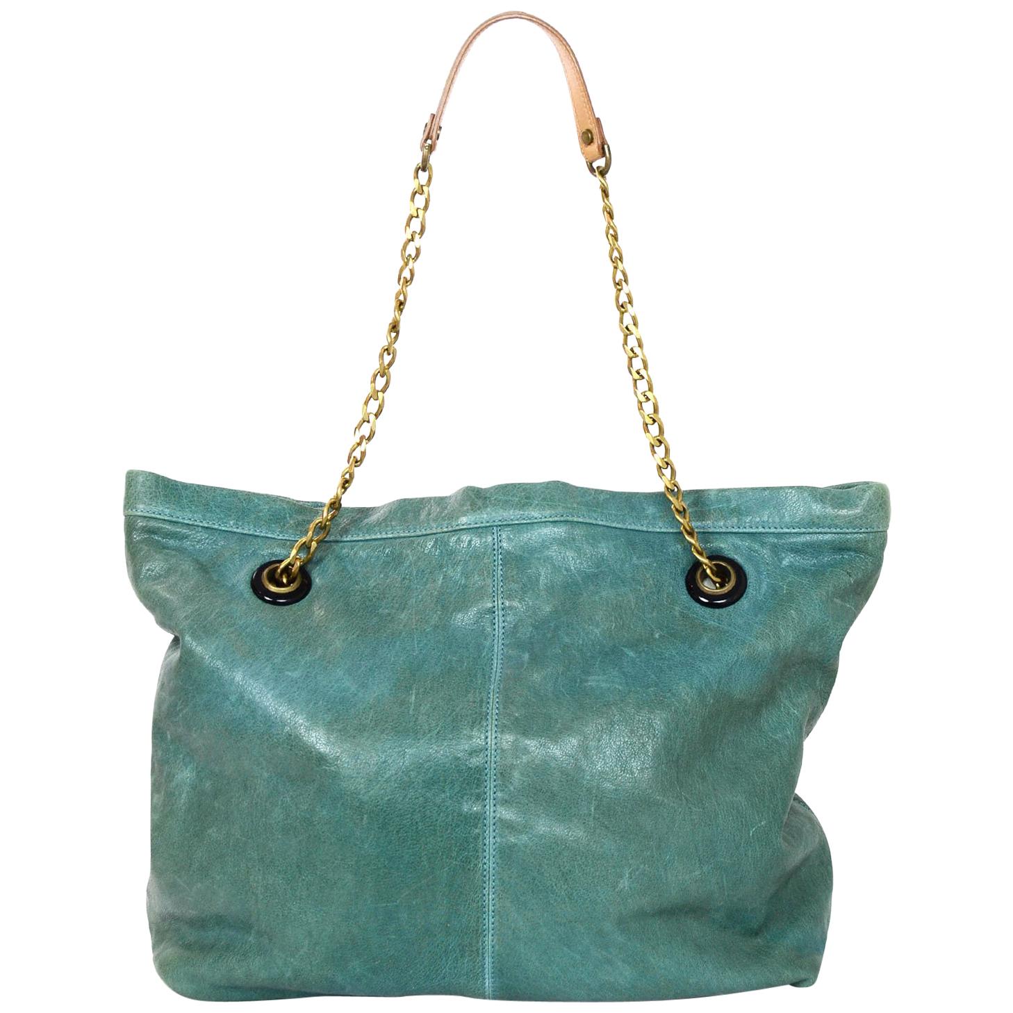 Lanvin Turquoise Distressed Leather Tote Bag w. Dust Bag
