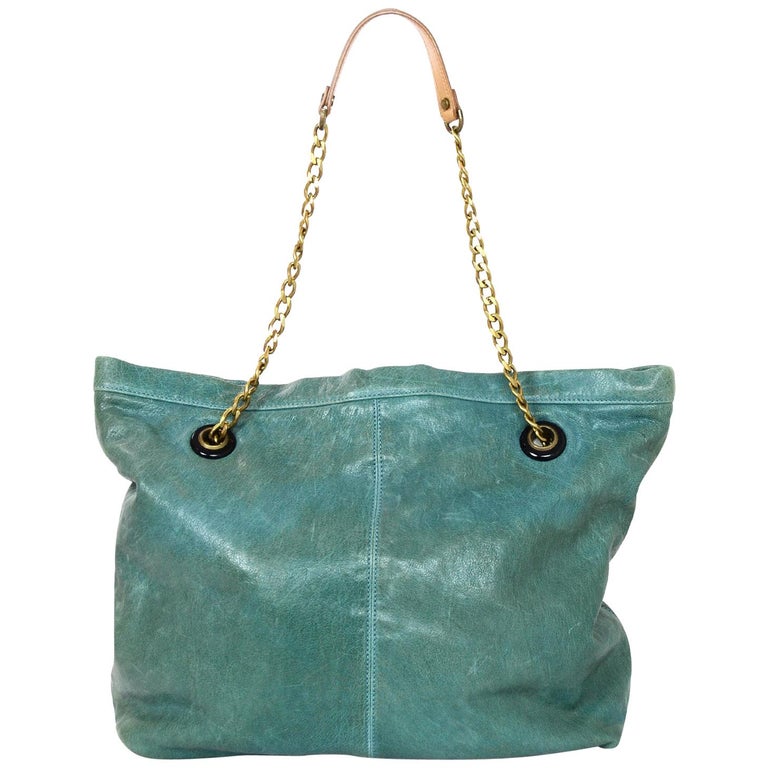 Lanvin Turquoise Distressed Leather Tote Bag w. Dust Bag For Sale at