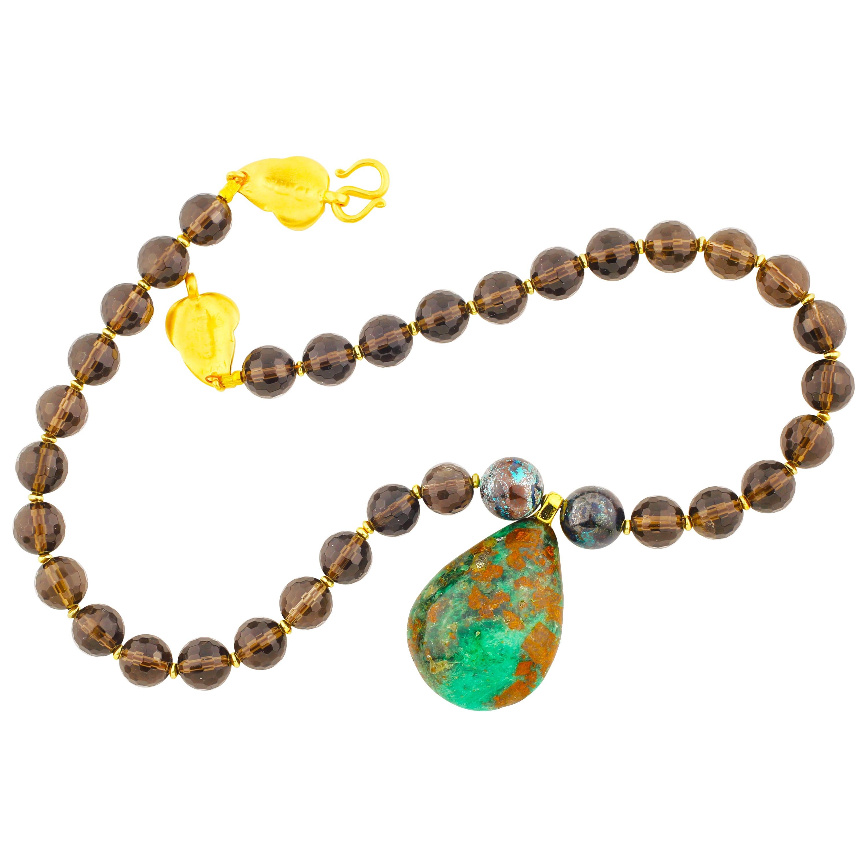 AJD Elegantly Polished REAL Emerald Rock, Chrysocolla& Smoky Quartz 15" Necklace