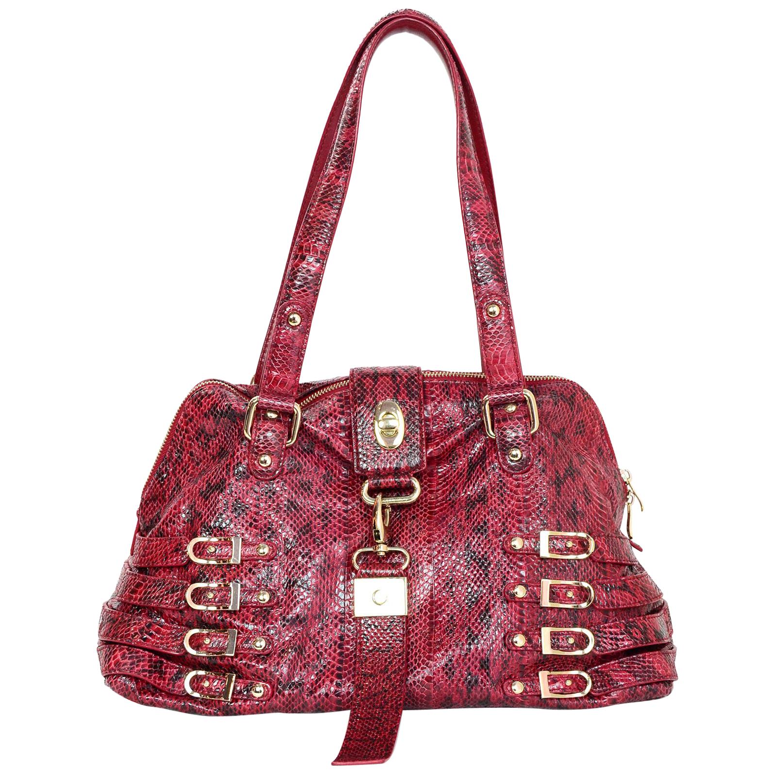 Jimmy Choo Red Snakeskin Buckle Tote Bag with Dust Bag