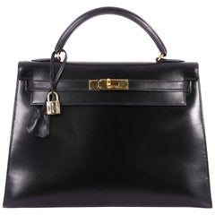 Hermes Kelly Handbag Black Box Calf with Gold Hardware 32 Hermes Kelly Handbag Black Box Calf with Gold Hardware 32