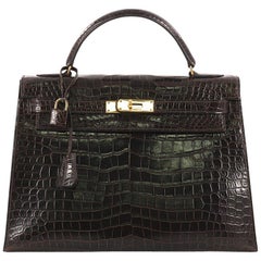 Hermes Kelly Handbag Havane Shiny Porosus Crocodile with Gold Hardware 32