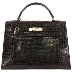 Hermes Kelly Handbag Havane Shiny Porosus Crocodile with Gold Hardware 32 