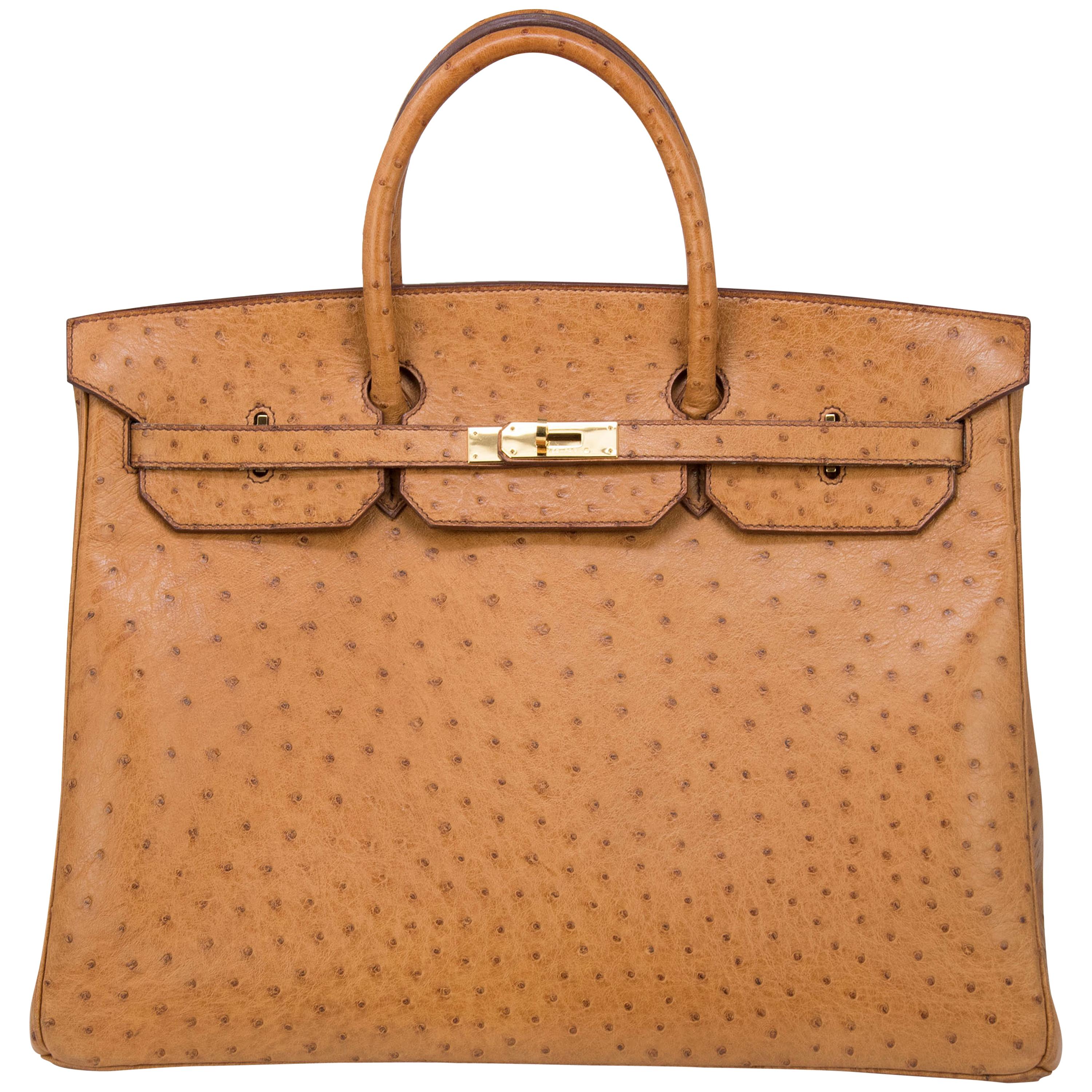 Hermes 40cm Light Brown Ostrich Birkin Bag GHW For Sale