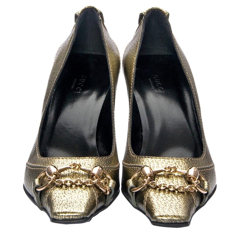 New Gucci Gold Horsebit Pumps Runway Heels Sz 36.5 For Sale at 1stdibs