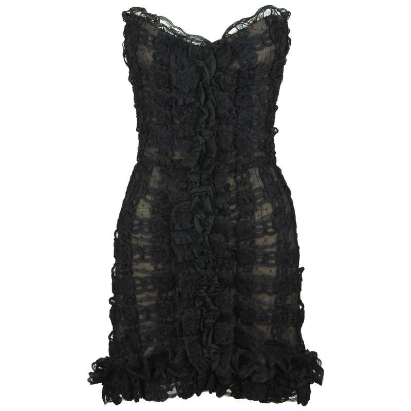 Vintage Chanel Black Strapless Lace Dress - Size FR 40 For Sale at ...