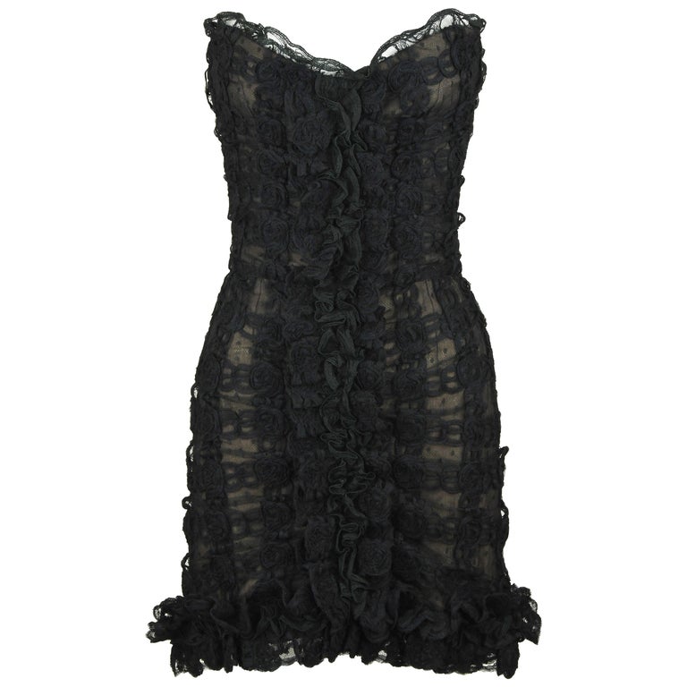 Vintage Chanel Black Strapless Lace Dress Size FR 40 For Sale at