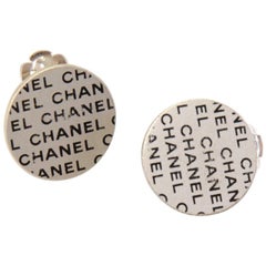 Chanel Silver & Black Logo Pattern Flat Round Earrings