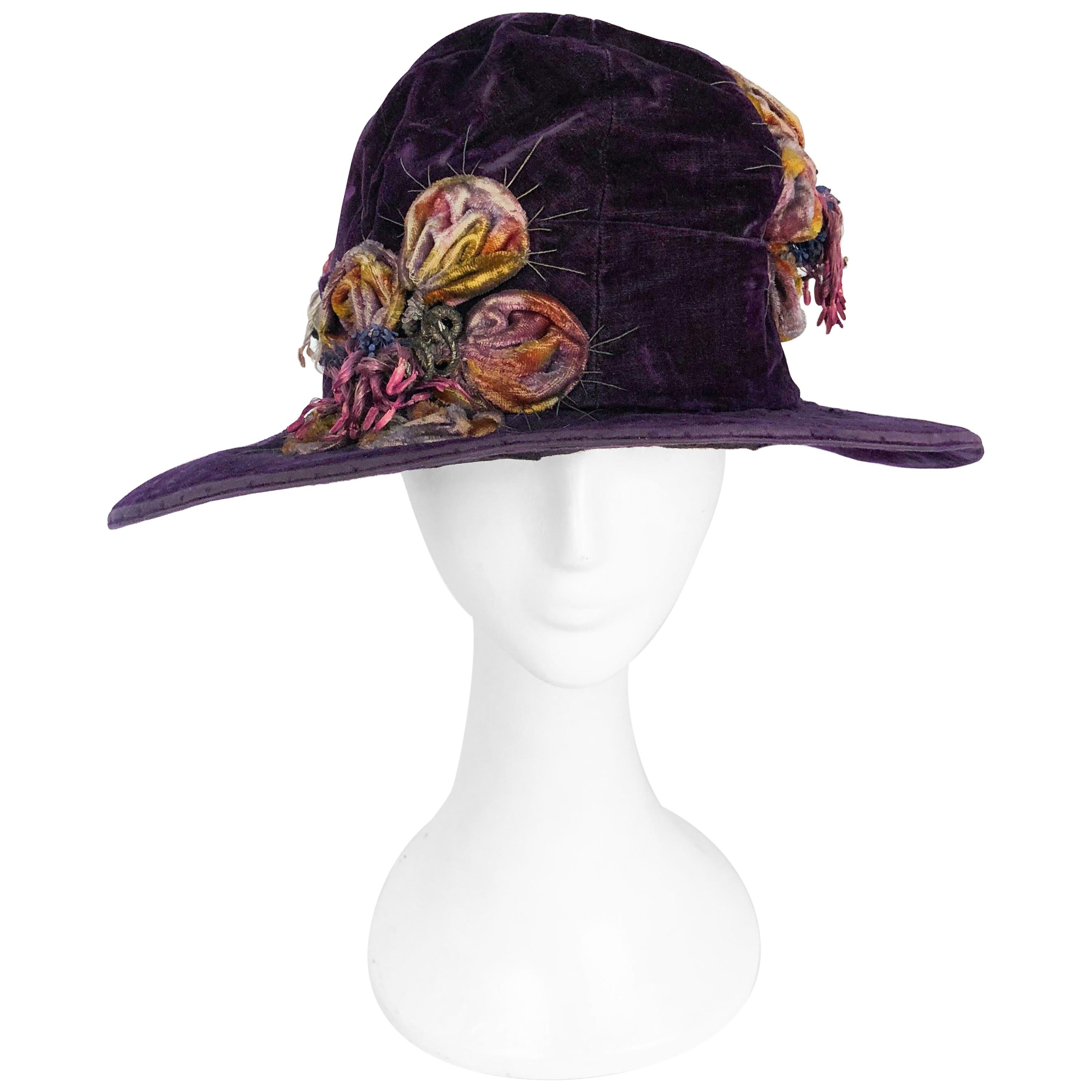 1920s Purple Velvet Cloche With Flower Accent Pieces 