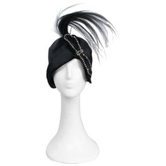 Black Silk Satin Cloche with Rhinestone Bow and Original Feathers, 1920s 