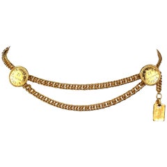 Chanel Gold Plated Chain Belt with Charm and Rue Cambon Medallions, c 1980s