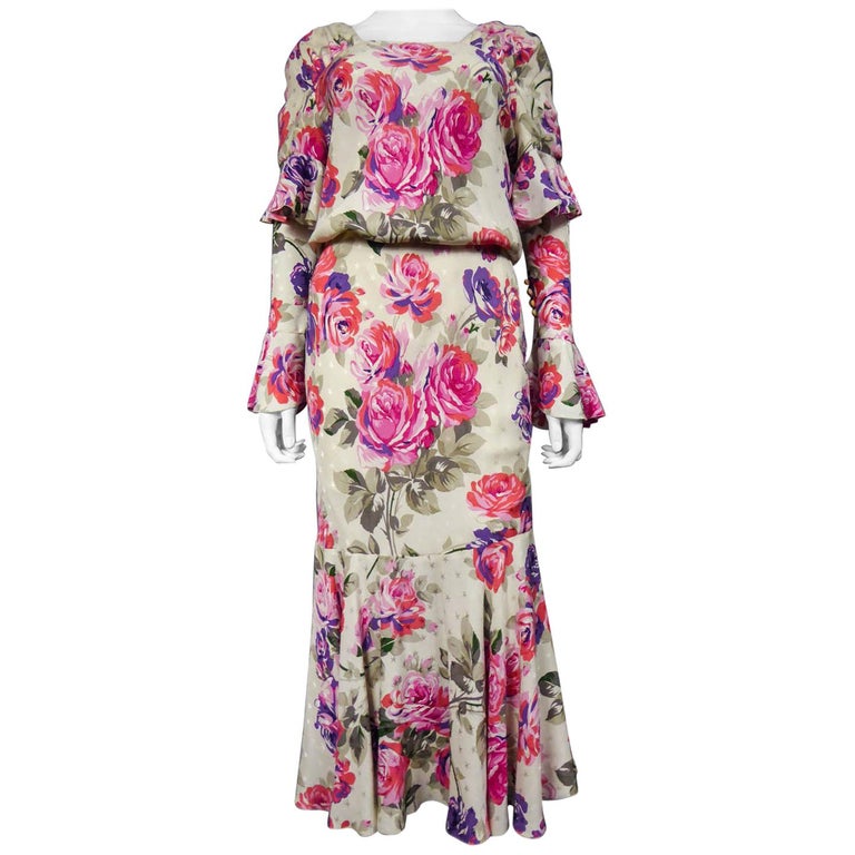 A Jeanne Lanvin Couture Printed Silk Dress with Matched Cuffs, Circa 1985  For Sale