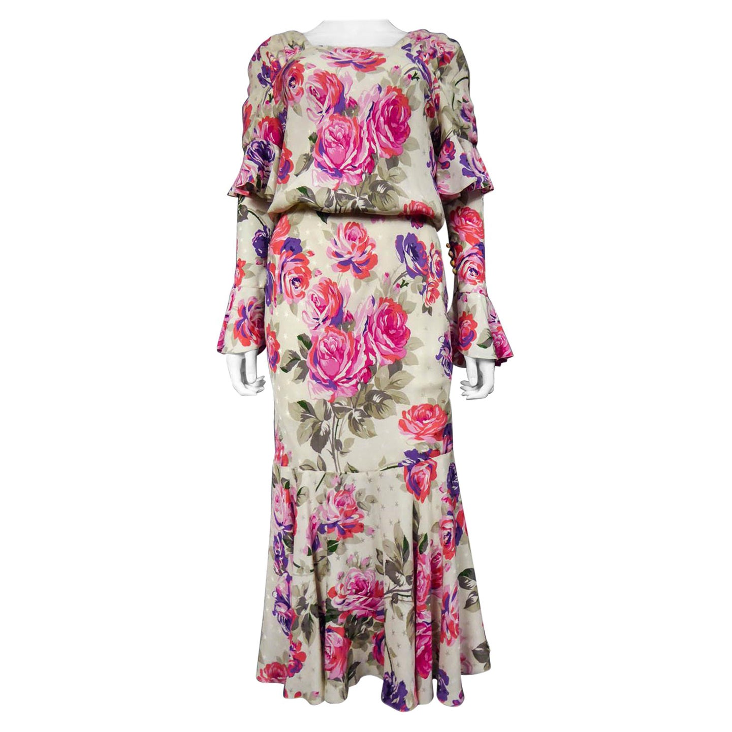 A Jeanne Lanvin Couture Printed Silk Dress with Matched Cuffs, Circa 1985  For Sale