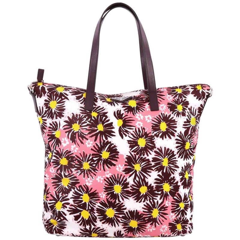 Prada Convertible Tote Printed Tessuto With Saffiano Large