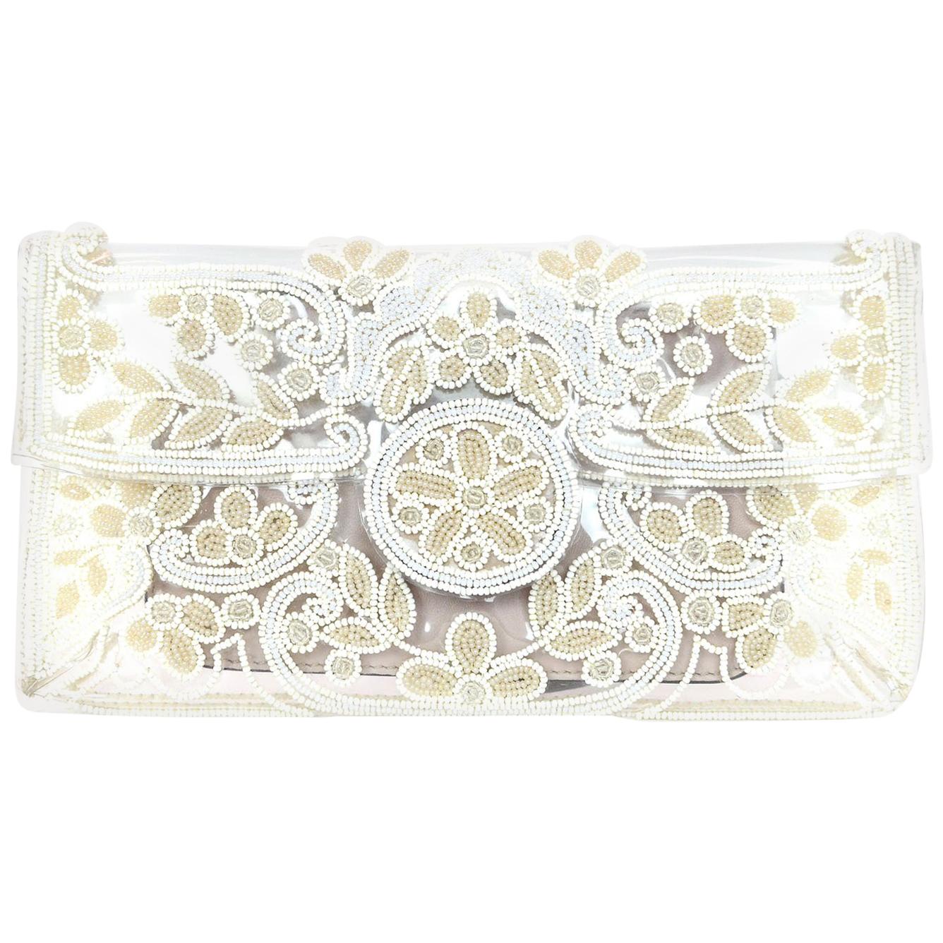 Valentino Clear PVC and White Beaded Clutch Bag