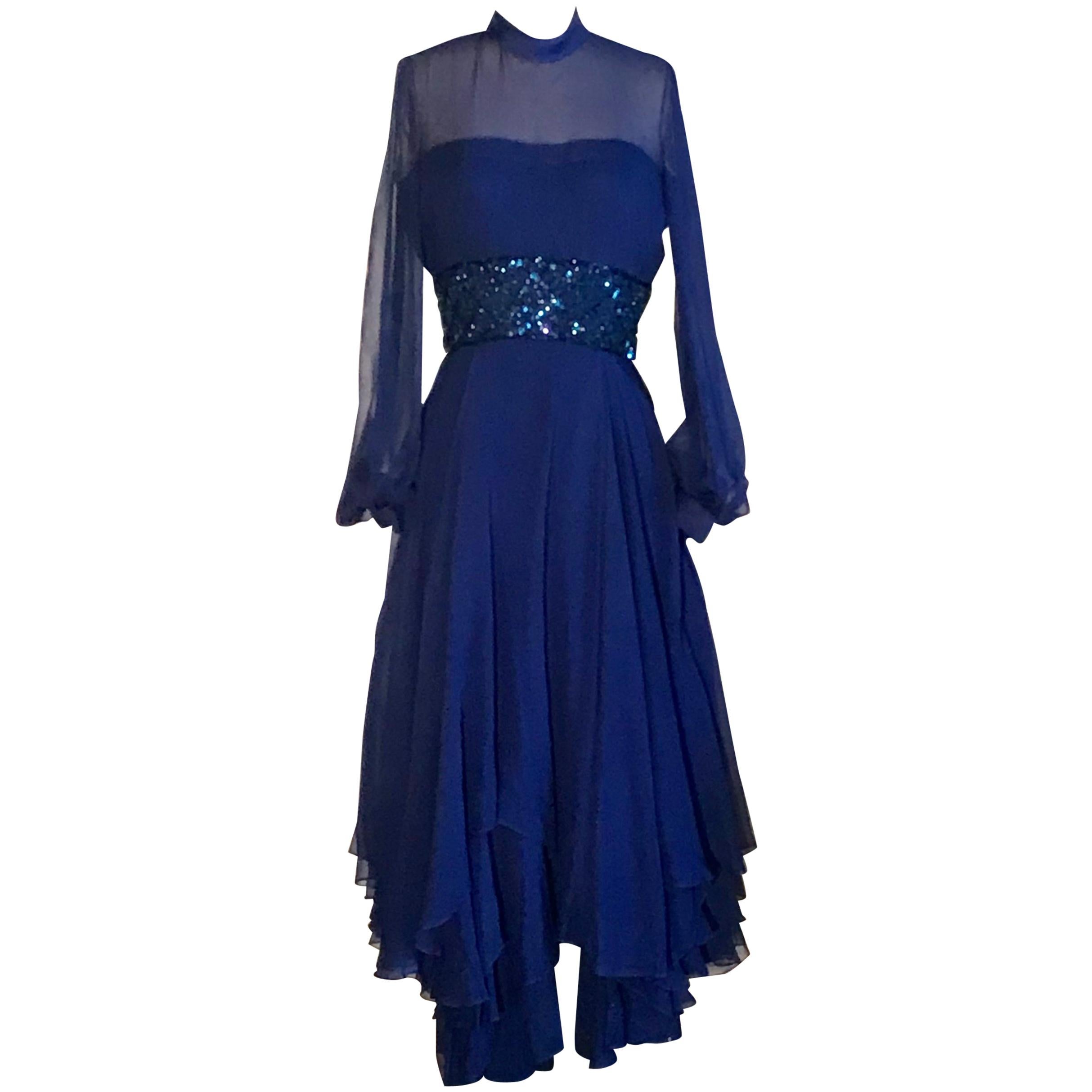 Travilla 1970s Blue Floaty Chiffon Beaded Evening Dress with Sheer Sleeves