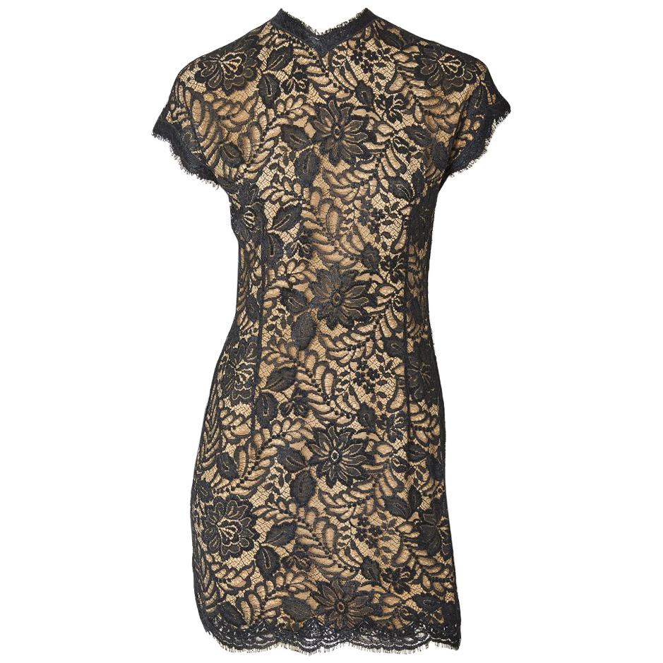 Geoffrey Beene Lace Over Nude Silk Cocktail Dress