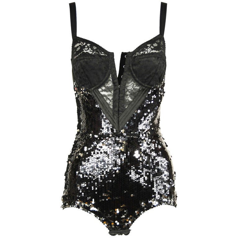 Dolce and Gabbana Black Sequin Bodysuit Size IT 40 For Sale at 1stDibs