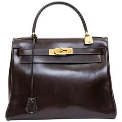 HERMES Kelly 28 Vintage Bag in Brown Box Leather